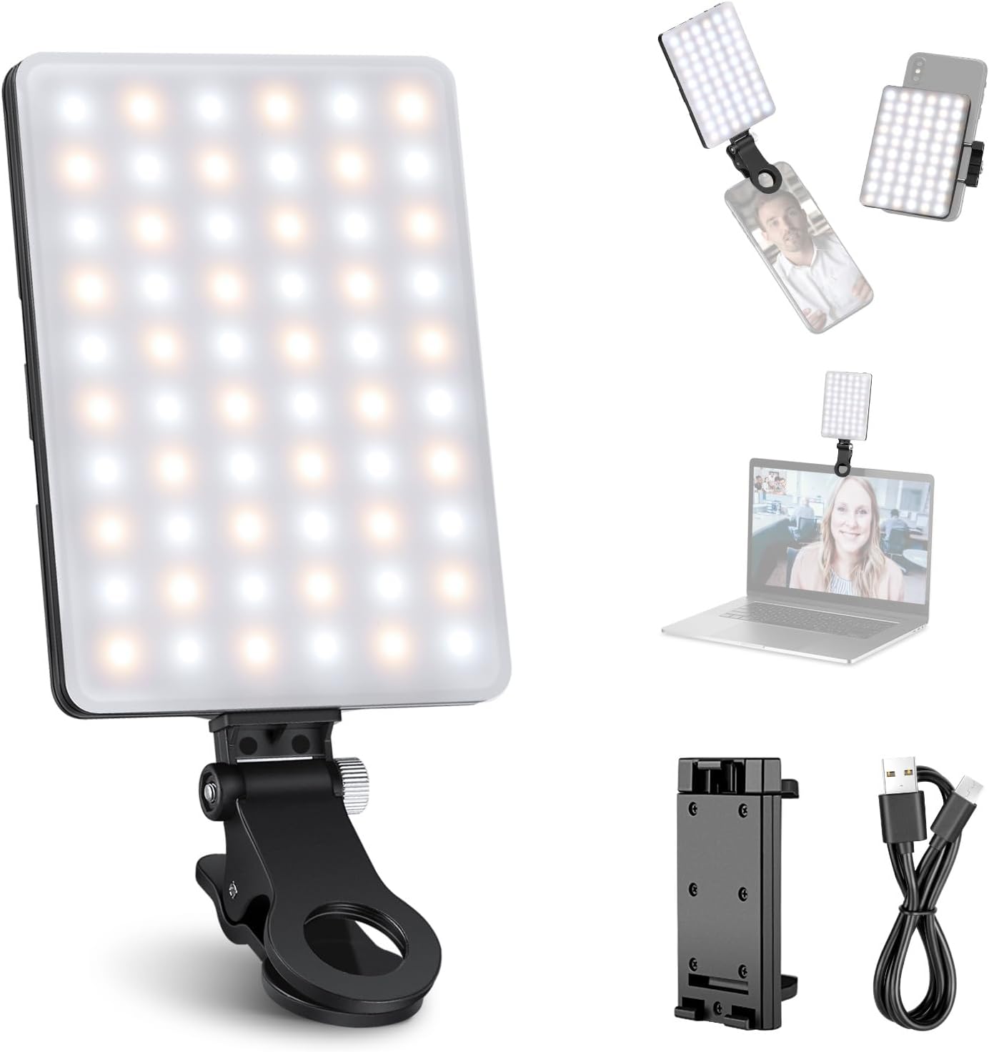 NEEWER Basics NL-60AI Selfie Light for Phone with Front & Back Clip, 60 LED 2000mAh Rechargeable CRI95+, 3 Modes, Portable Clip on Fill Lighting for Tablet Computer Laptop Zoom Call TikTok Video