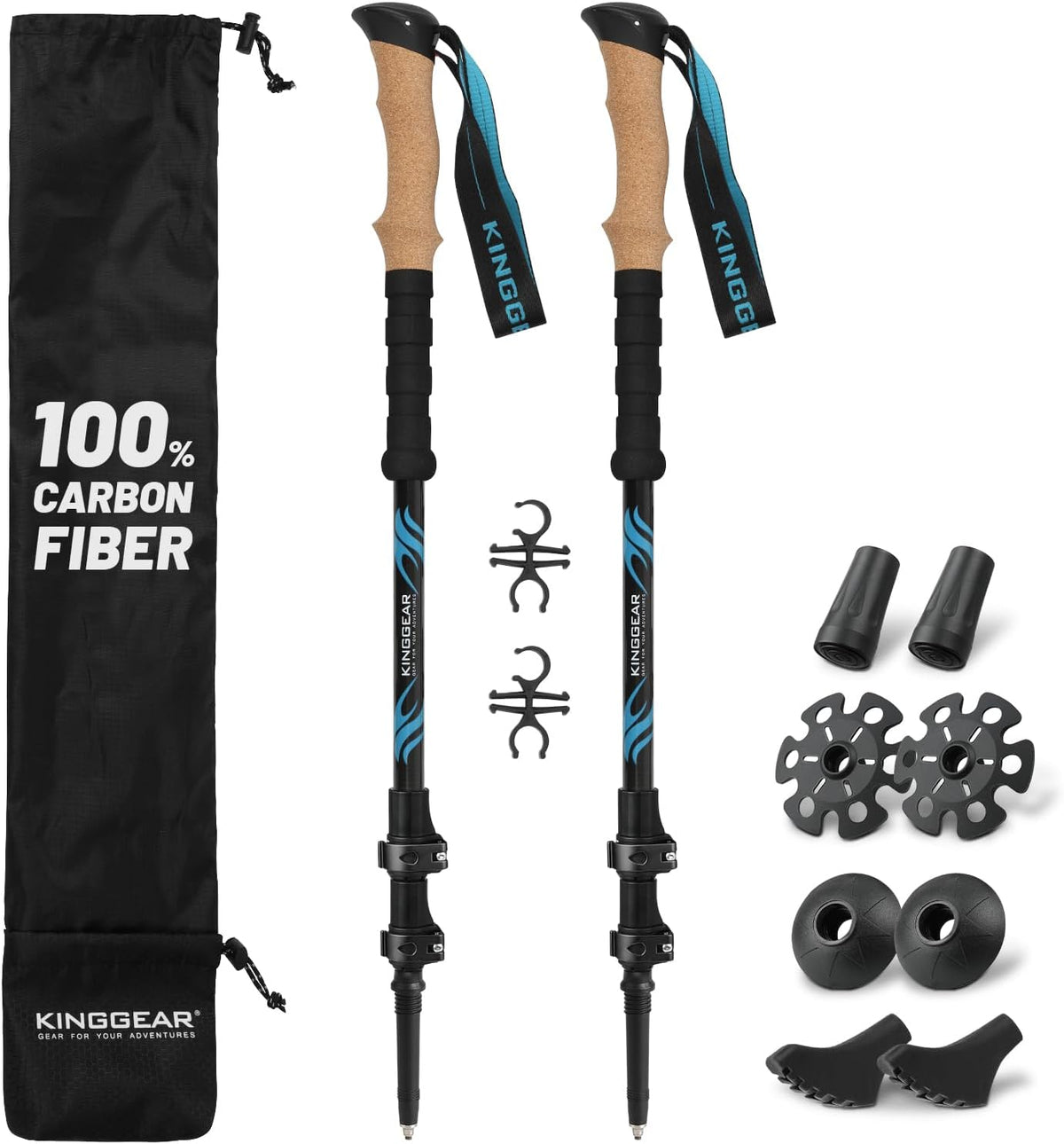 Carbon Fiber Trekking Poles Cork EVA Grip Lightweight | 8.2oz, Telescopic 90-135cm, Metal flip Locks, for Hiking, with Snow/mud/Rubber Tips & Bag