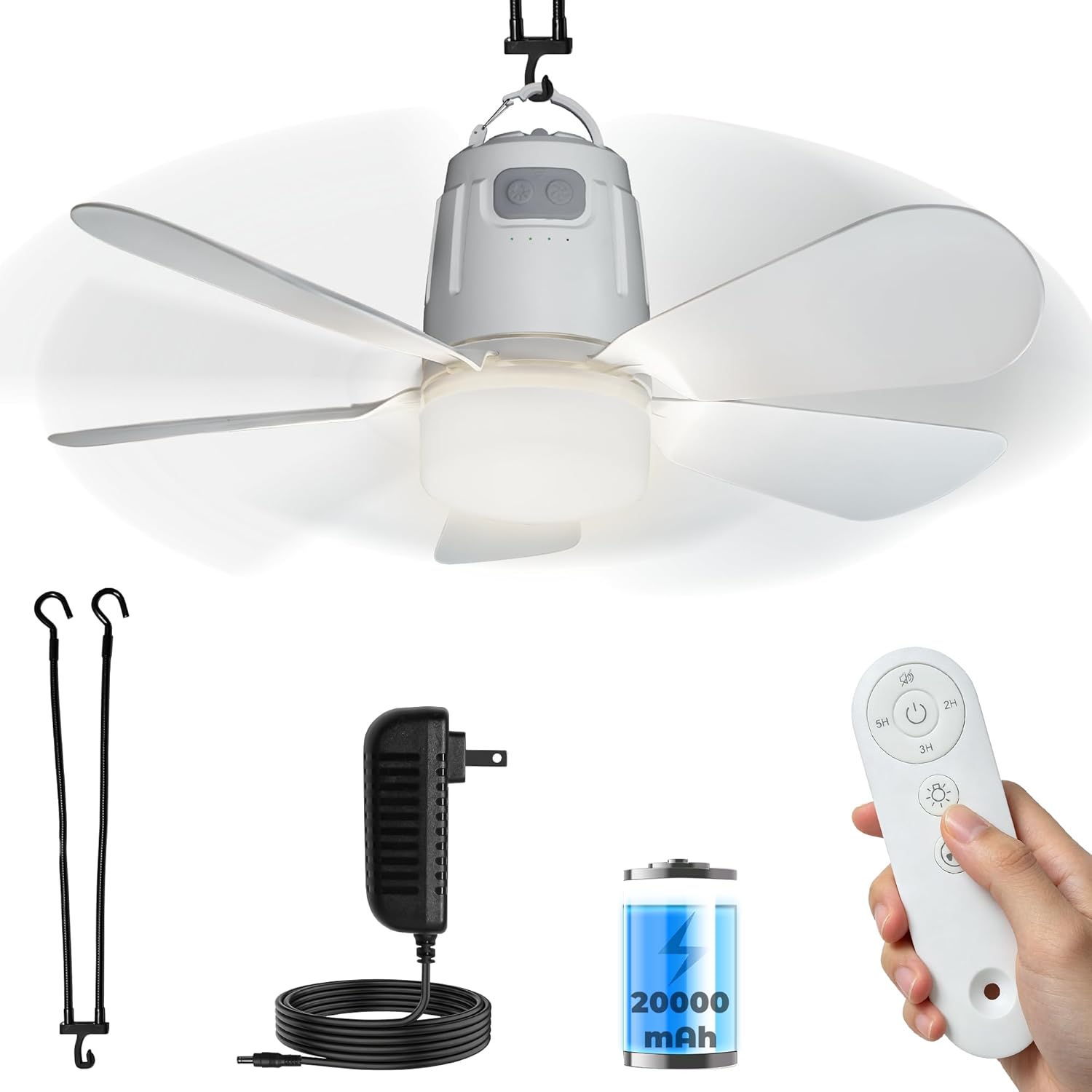 Battery Operated Outdoor Ceiling Fan, 20000mAh Portable Canopy Fan with Light, Remote & Hanging Hook, 3000k-6000k Dimmable Rechargeable Ceiling Fan for Tent, Gazebo, Patio, Camping (20'')