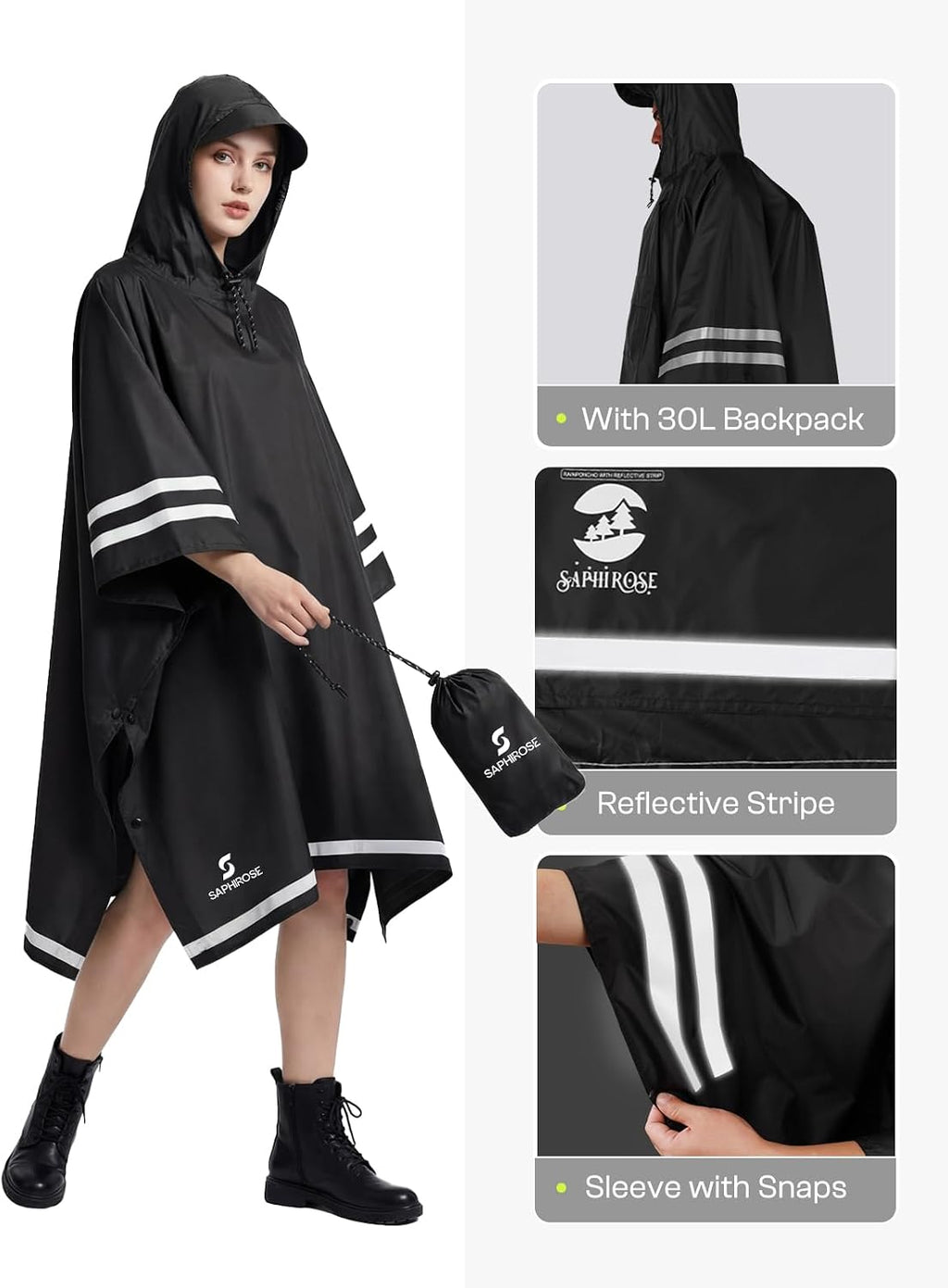SaphiRose Hooded Rain Poncho Waterproof Raincoat Jacket for Men Women Adults
