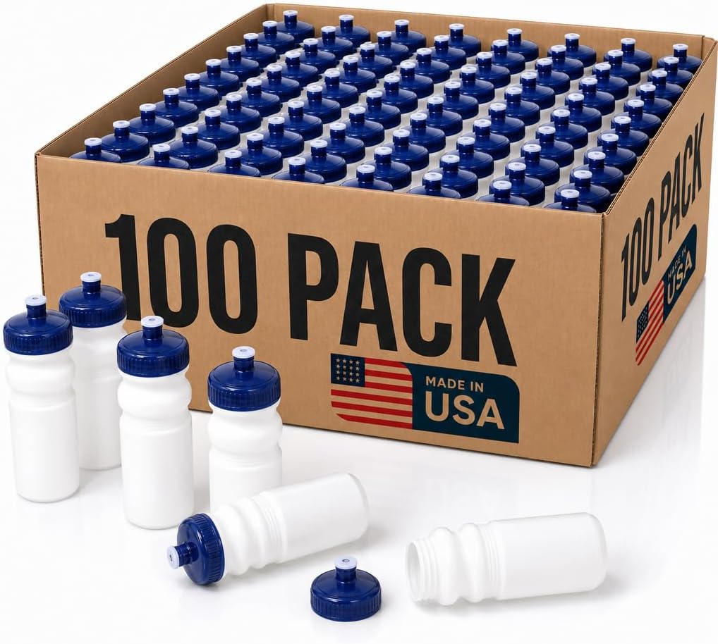Rolling Sands Reusable Bulk Water Bottles 100 Pack - 20 Oz Sports Water Bottles, USA Made, BPA-Free, Wide Mouth for Easy Cleaning, Dishwasher Safe, Break Resistant
