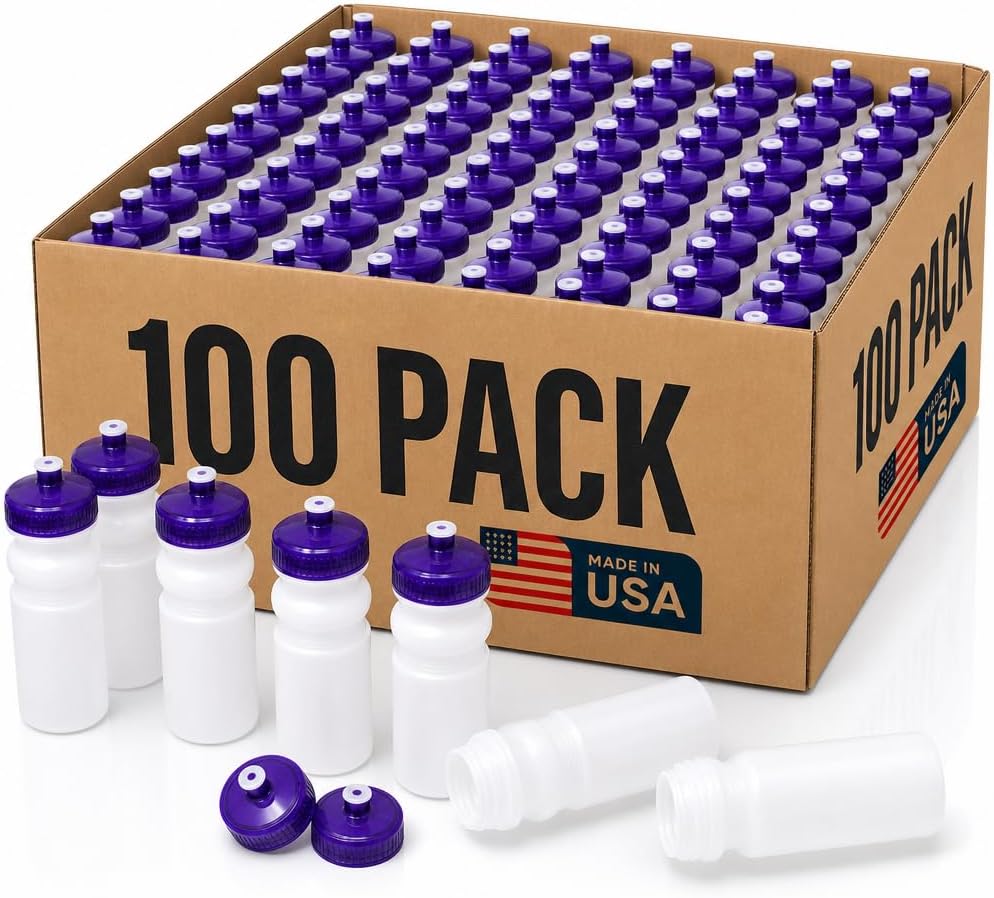Rolling Sands Reusable Bulk Water Bottles 100 Pack - 20 Oz Sports Water Bottles, USA Made, BPA-Free, Wide Mouth for Easy Cleaning, Dishwasher Safe, Break Resistant