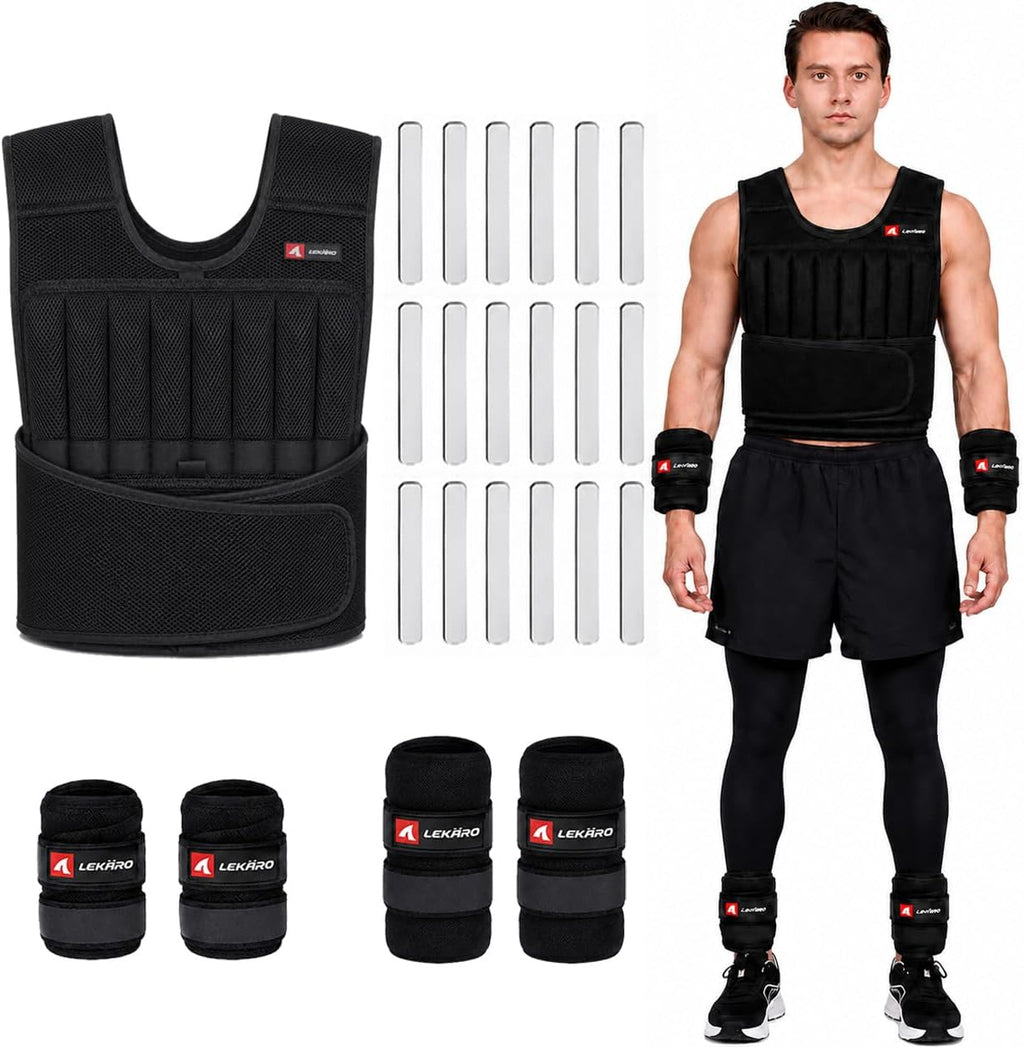44lbs Adjustable Weighted Vest Set with Steel Plates, 5-Piece Workout Set Includes Wrist & Ankle Weights for Rucking, Walking, Running, Home Gym
