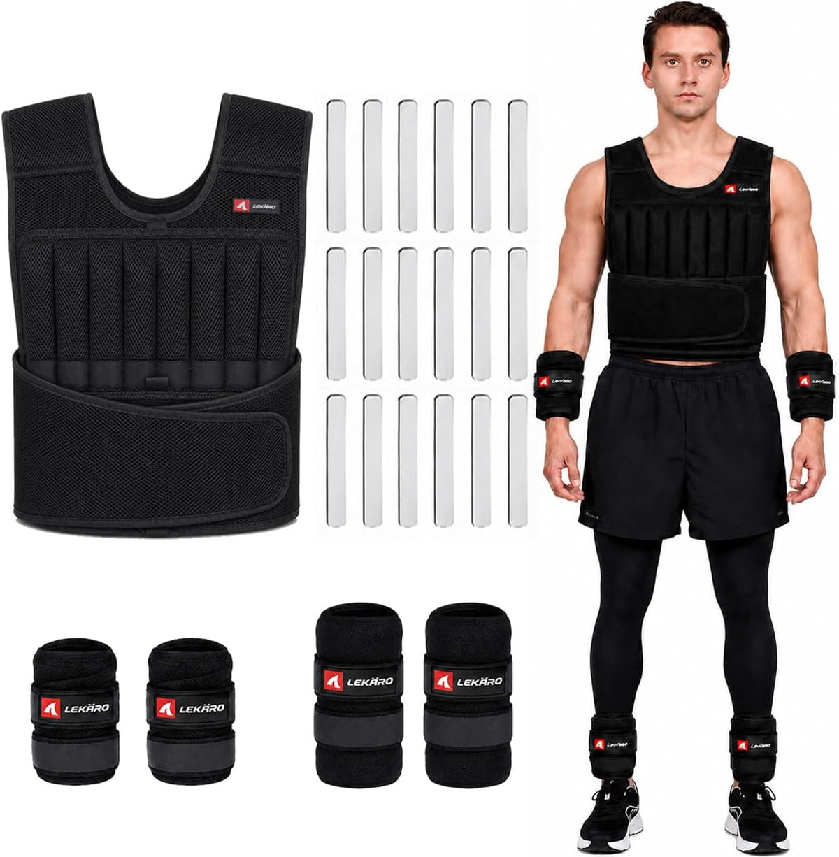 44lbs Adjustable Weighted Vest Set with Steel Plates, 5-Piece Workout Set Includes Wrist & Ankle Weights for Rucking, Walking, Running, Home Gym