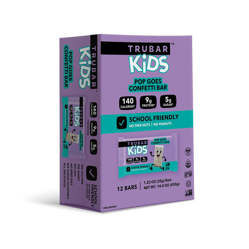 TRUBAR Kids Protein Bars, Pop Goes Confetti, Plant Based Protein, Gluten Free School-Friendly Snacks for Lunchboxes, Tree Nut and Peanut Free, Low Sugar, Healthy On the Go Snack Bars, 12 Count