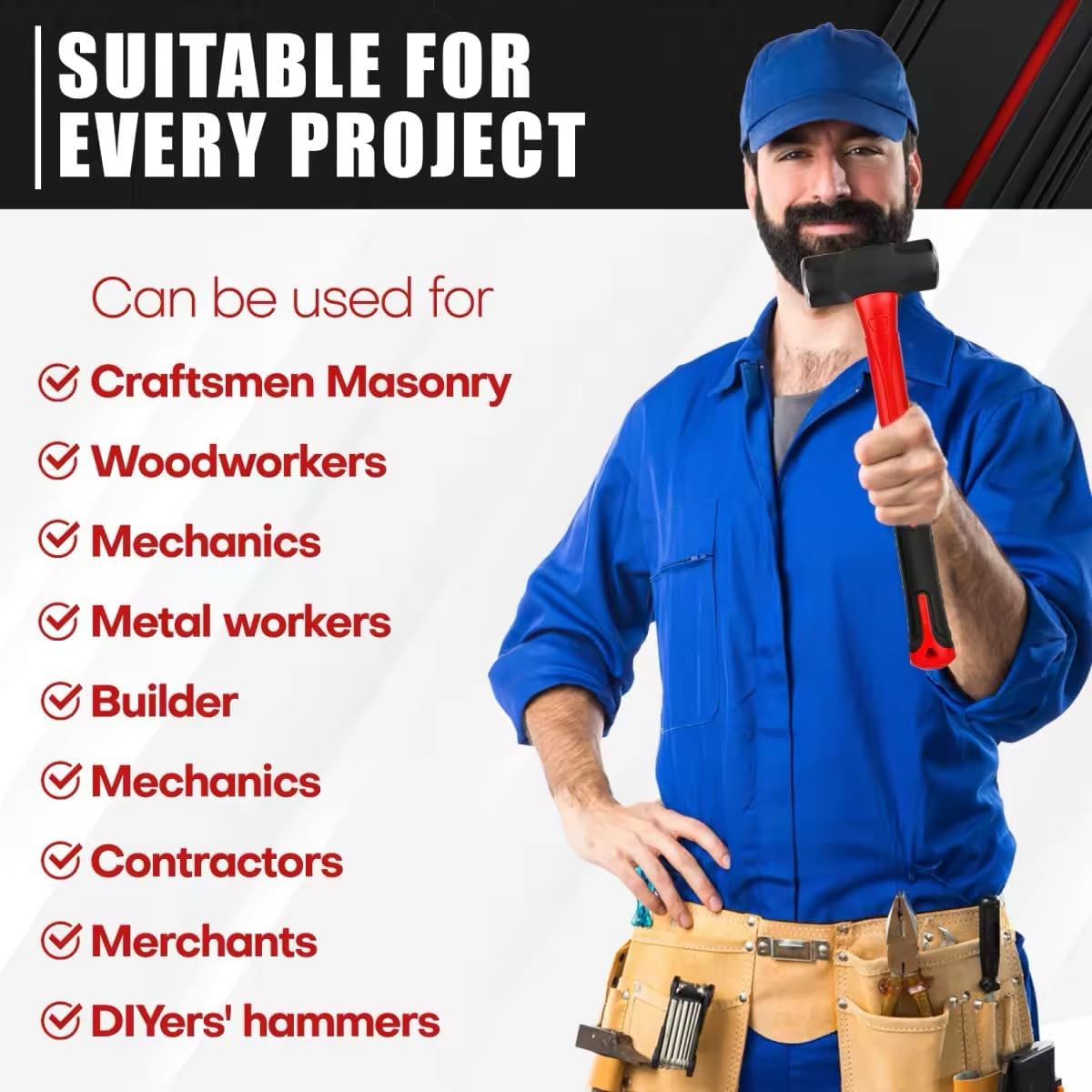 C&T 5-Piece Hammer Set, 16oz Ball Peen Hammer | 32oz Ball Peen Hammer | 32oz Rubber Mallet | 3lb Sledge Hammer | 3lb Cross Peen, Fiberglass Handle & Mallet Set