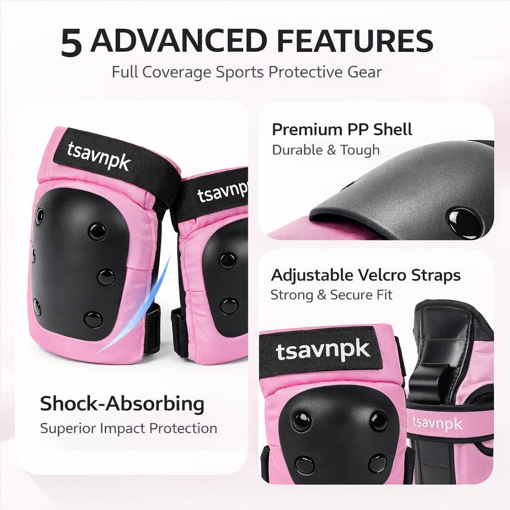 Knee and Elbow Pads Set for Women&Teens, Pink Skateboarding Protective Gear
