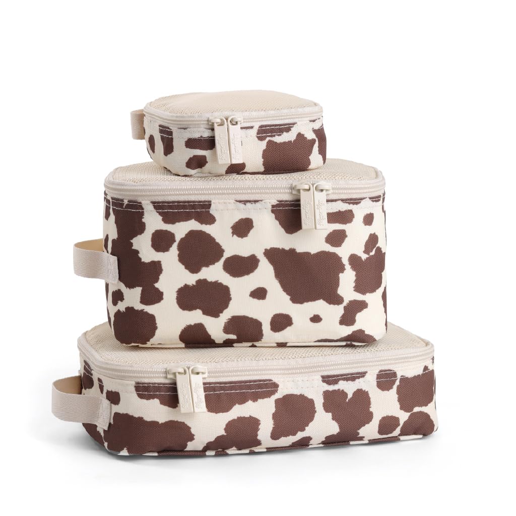 Itzy Ritzy Packing Cubes for Travel, Set of 3 Travel Organizers (Cow Print)