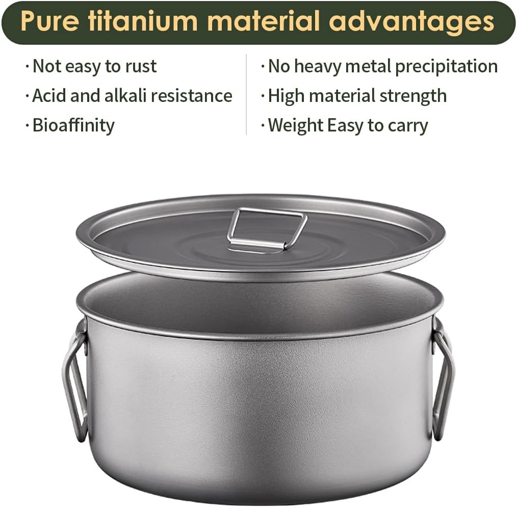 BY-J Titanium Camping Cookware 2200ml+1200ml+700ml Titanium Pot with Lid and Stainless steel spatula, Compact Backpacking and Travel Kitchenware for Camping, Hiking and Fishing