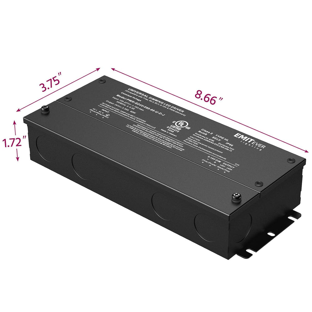 EMITEVER 80W 24V 5-in-1 Dimmable LED Driver,AC 110-277V to DC Power Supply