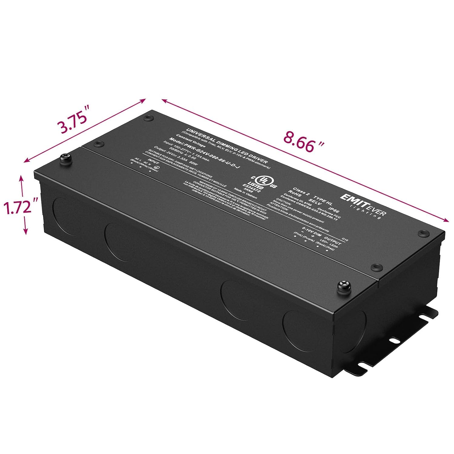 EMITEVER 80W 24V 5-in-1 Dimmable LED Driver,AC 110-277V to DC Power Supply