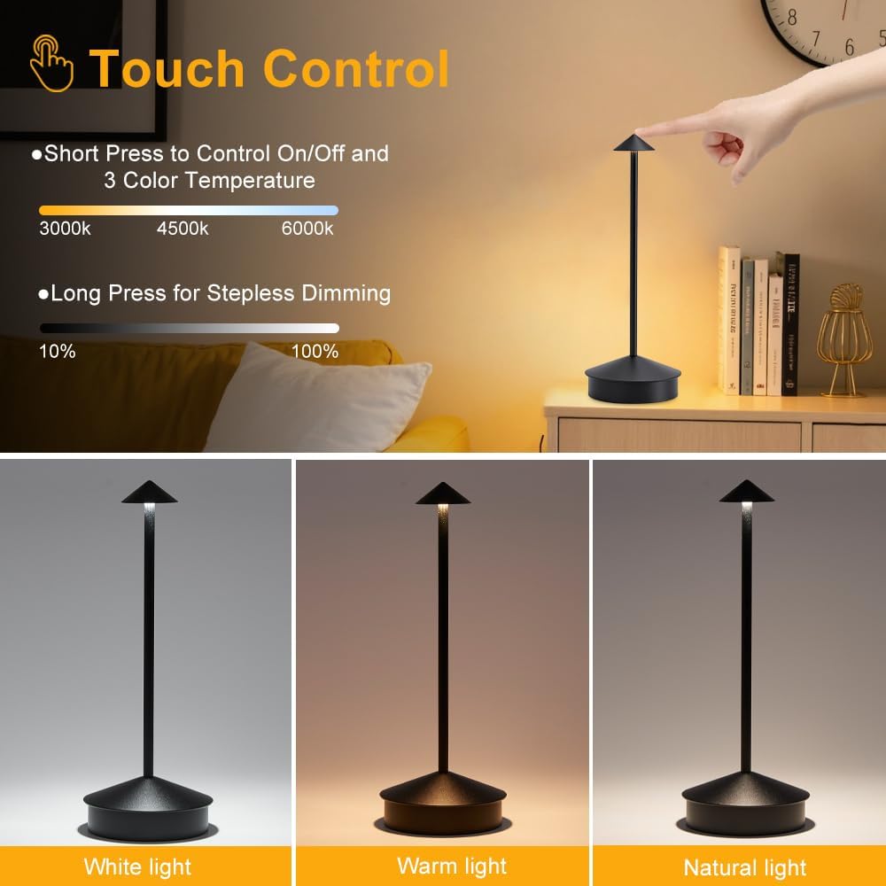 EJQ 2 Pack LED Cordless Table Lamp, Portable 6000mAh Rechargeable, Touch Control Outdoor Table Lamp, 3 Color Dimmable Cordless Table Lamps for Restaurant, Patio, Bedroom, Outdoor - Black