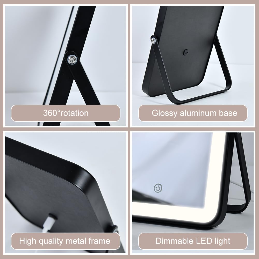 YEKKOPT Rechargeable Makeup Vanity Mirror with Lights, Small Desk Makeup Mirror with Lights, 3 Lighting Modes, Dimmable Touch Screen, Tabletop Light up Mirror