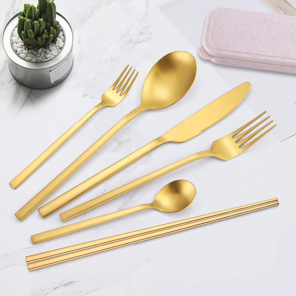 AARainbow 8 Pieces Stainless Steel Flatware Set Portable Reusable Cutlery Set Travel Utensils Set Including Chopsticks Knife Fork Spoon Straws Cleaning Brush Dishwasher Safe (B-Golden)