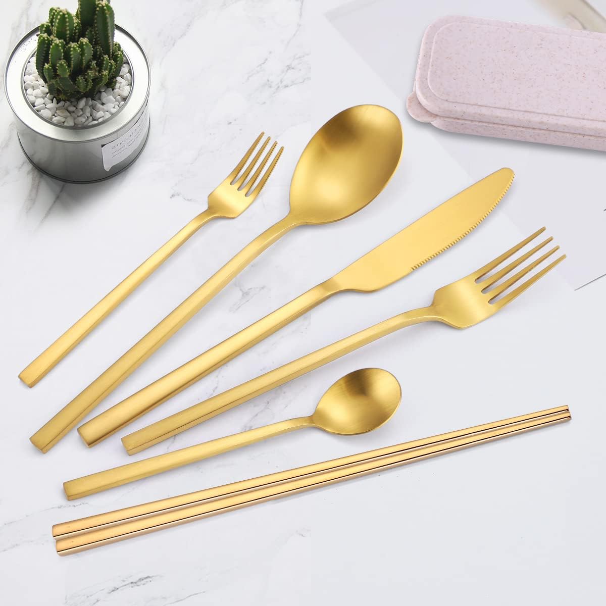 AARainbow 8 Pieces Stainless Steel Flatware Set Portable Reusable Cutlery Set Travel Utensils Set Including Chopsticks Knife Fork Spoon Straws Cleaning Brush Dishwasher Safe (B-Golden)