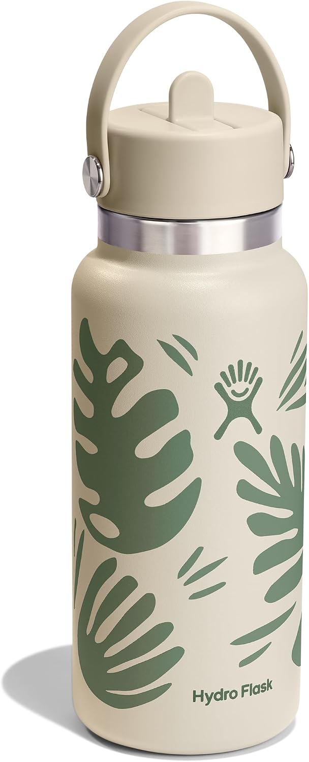 Hydro Flask Water Bottle - Insulated Stainless Steel - Wide Mouth Flex Straw Lid, Non Spill, Leakproof and Refillable in 32 Oz Botanical Bliss Coconut