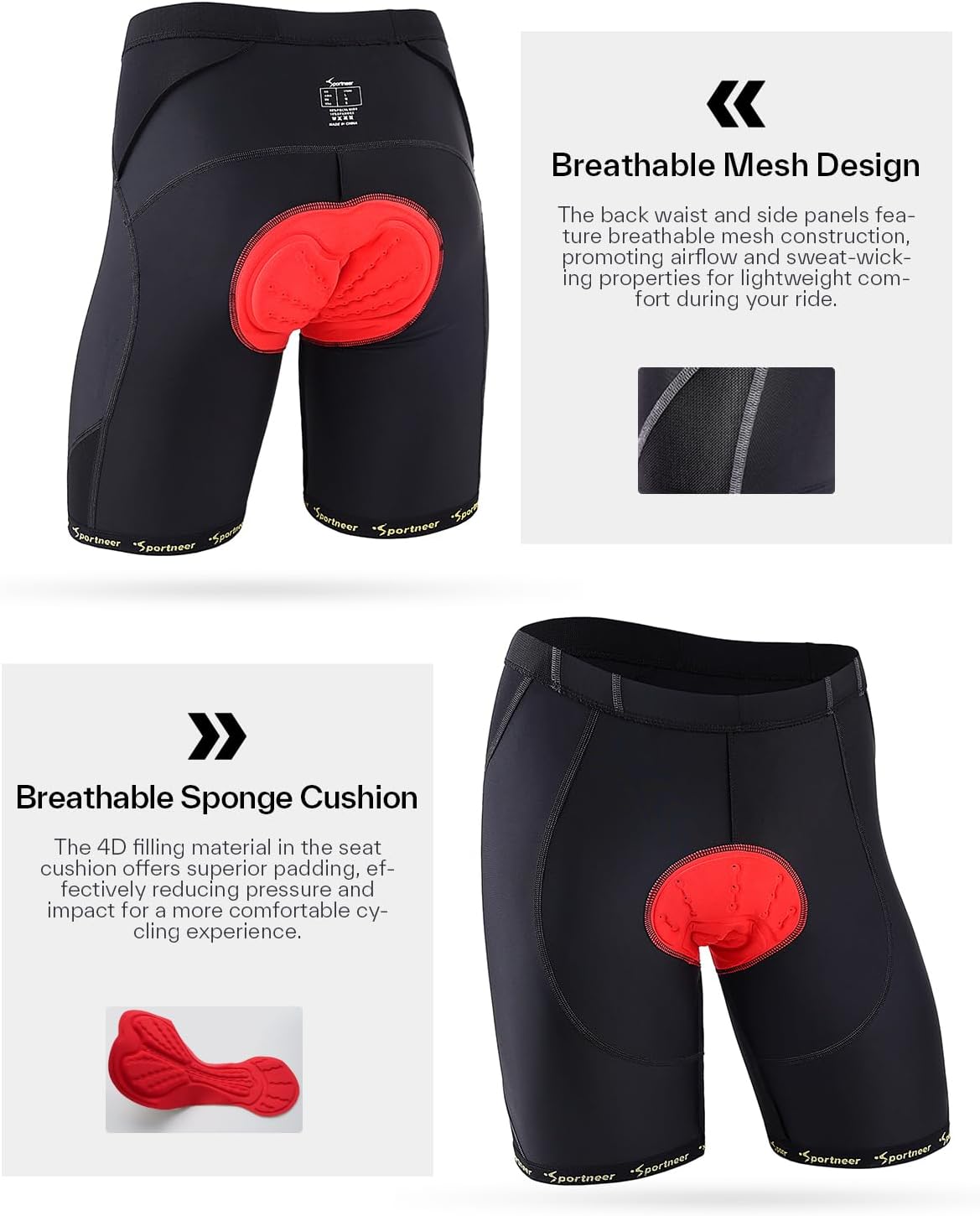 Sportneer Padded Bike Shorts for Men 4D Padding Mens Bicycle Cycling Biking Shorts UPF 50+ Breathable