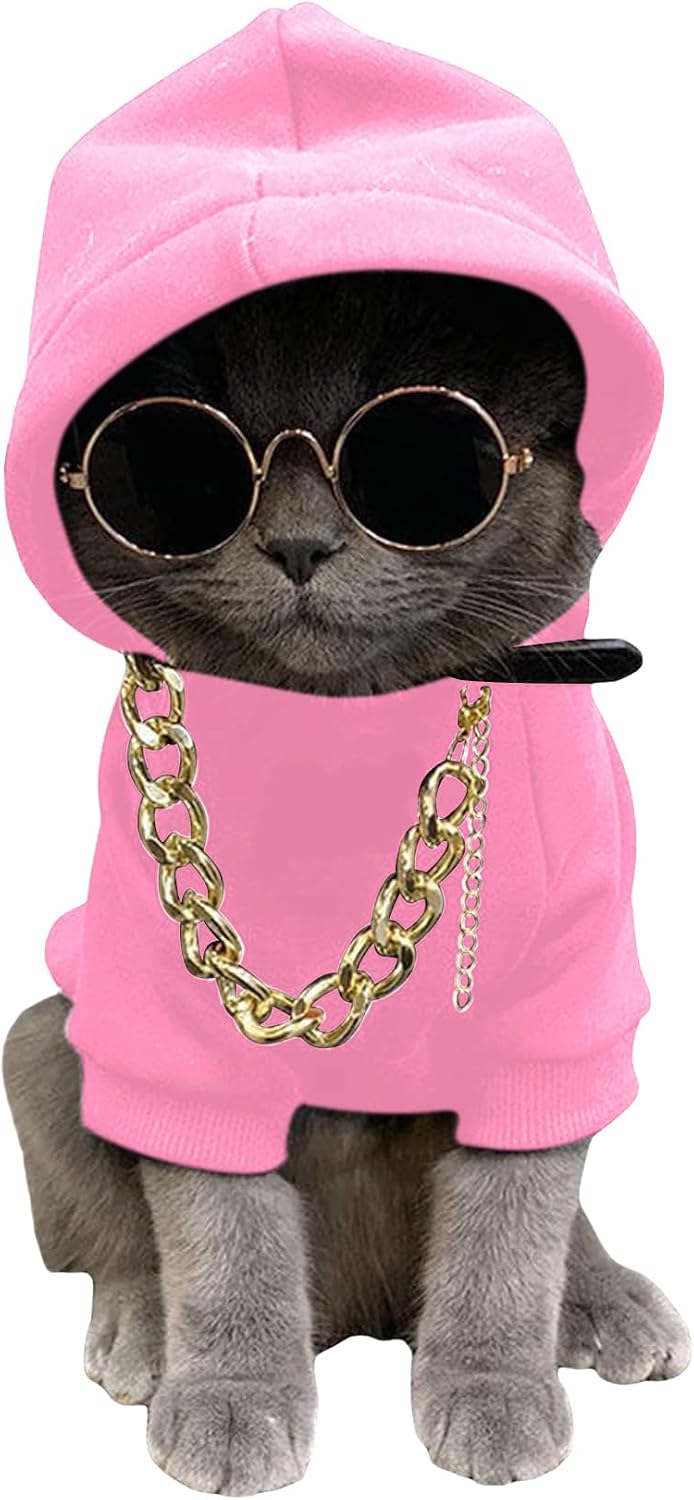 QWINEE 3Pcs Dog Hoodie Cat Apparel Dog Custume Set with Necklace and Sunglasses Pet Clothes for Puppy Small Medium Dogs Cats Green X-Small