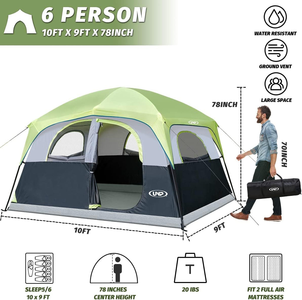 UNP 6 Person Tents for Camping Waterproof Family Cabin Tent with Rainfly