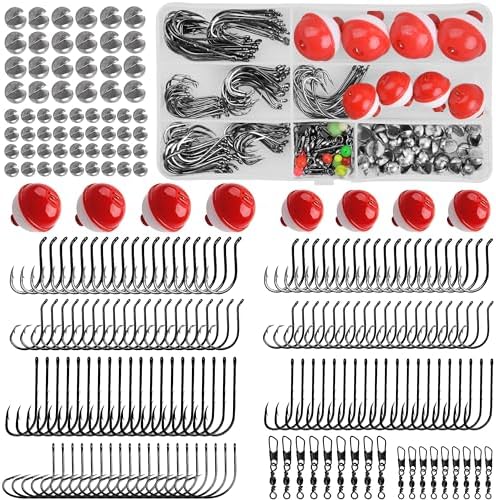 Fishing Bobbers Hooks Tackle Kit, 228pcs Basic Fishing Starter Kit Included Fishing Bobbers, Hooks, Weights Swivels Organized Fishing Tackle Box for Artificial and Live Baits Trout Panfish