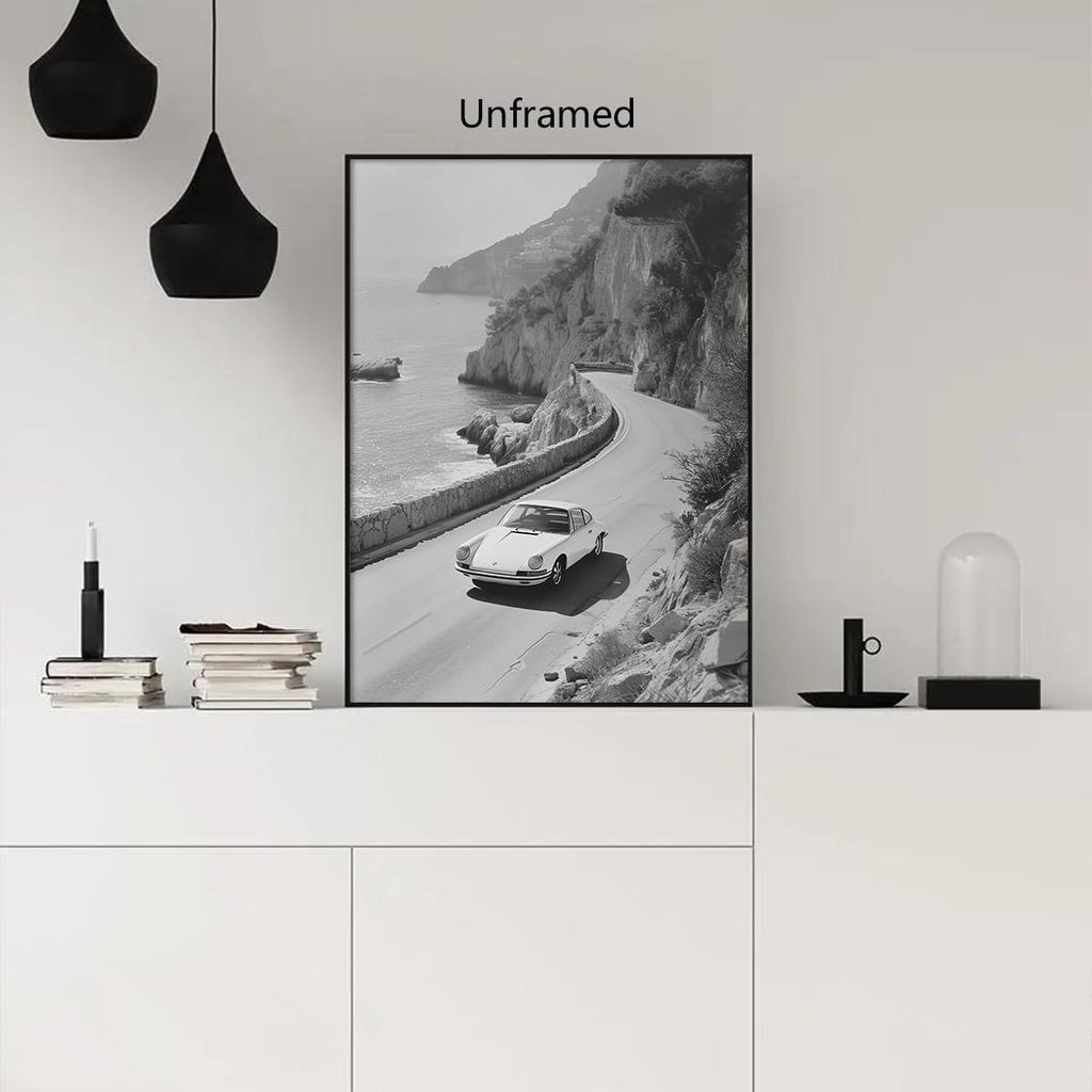 xbsifyiooa Black and White Photography Canvas Wall Art, Car Driving In Amalfi Coast Poster, Vintage Italy Coastal Travel Photo Print, Classic Car Picture for European Road Adventures 16x24in Unframed