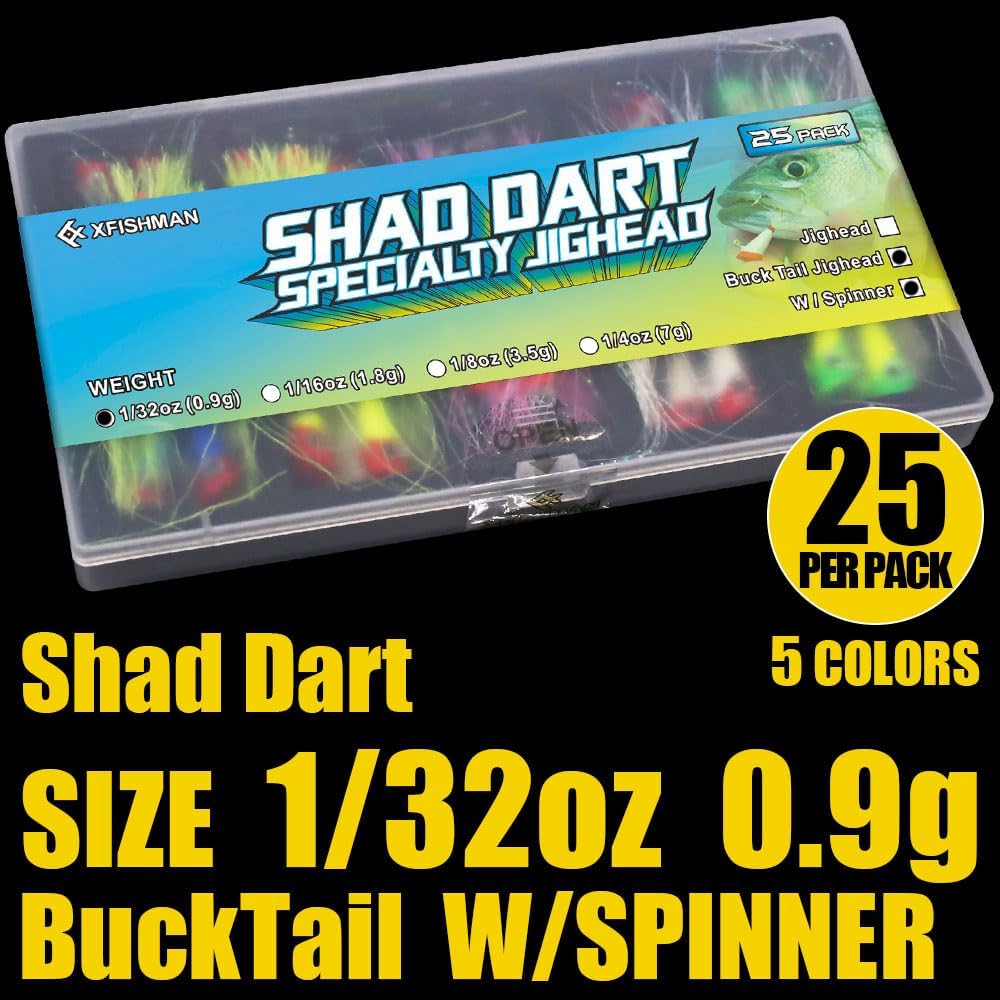 Shad Darts Fishing Lures Dart Head Jig Underspin Bucktail Hair Jigs Head for American Shad Bass Walleye Crappie Panfish 1/16oz 1/8oz 1/32oz 1/4oz 25 Pack