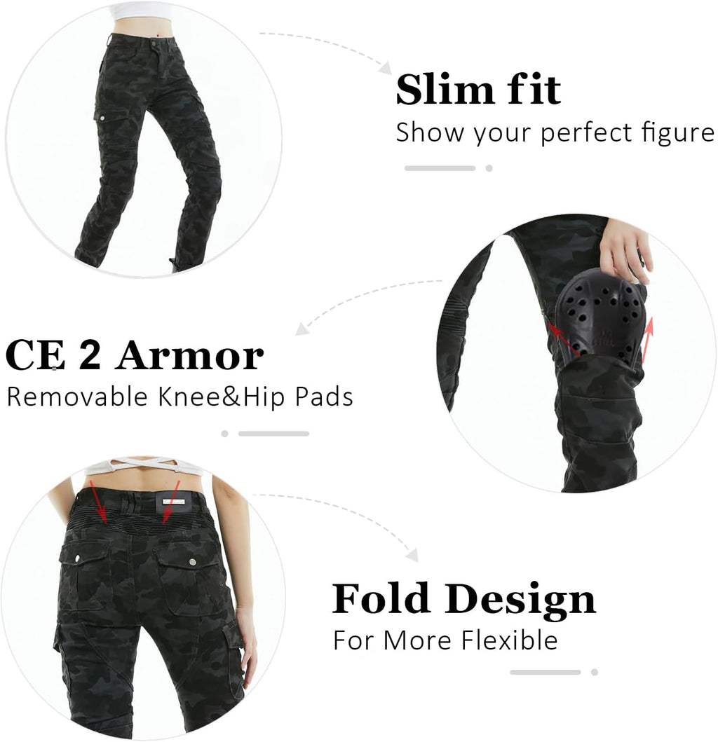 LOMENG Motorcycle Riding Pants Women with CE Level 2 Removable Armor