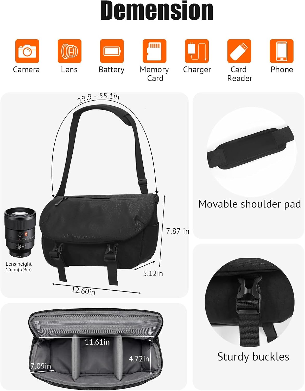 Clezorlaa Camera Sling Bag, Waterproof Camera Bag with Shoulder Strap,Black