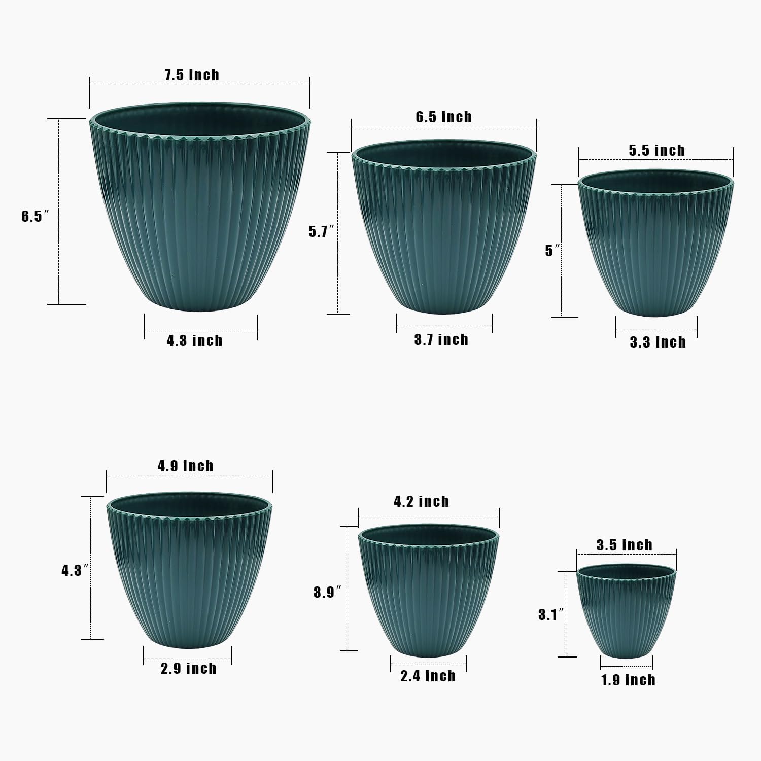 RooTrimmer Multi Size Plastic Pots 6 Pack, Drain Holes, Saucers, Dark Green