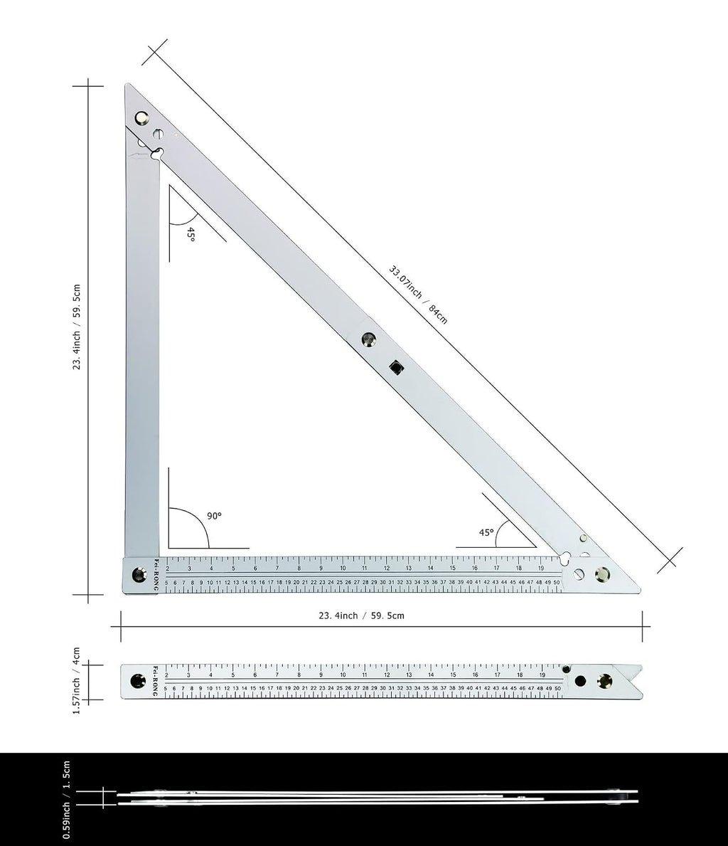 FEI-RONG 24 Folding Square - Aluminum & Carbon Steel Framing Square | 45-90 Degree Adjustable Angle Ruler for Roofing, Stair Work, Woodworking | Includes Carrying Case