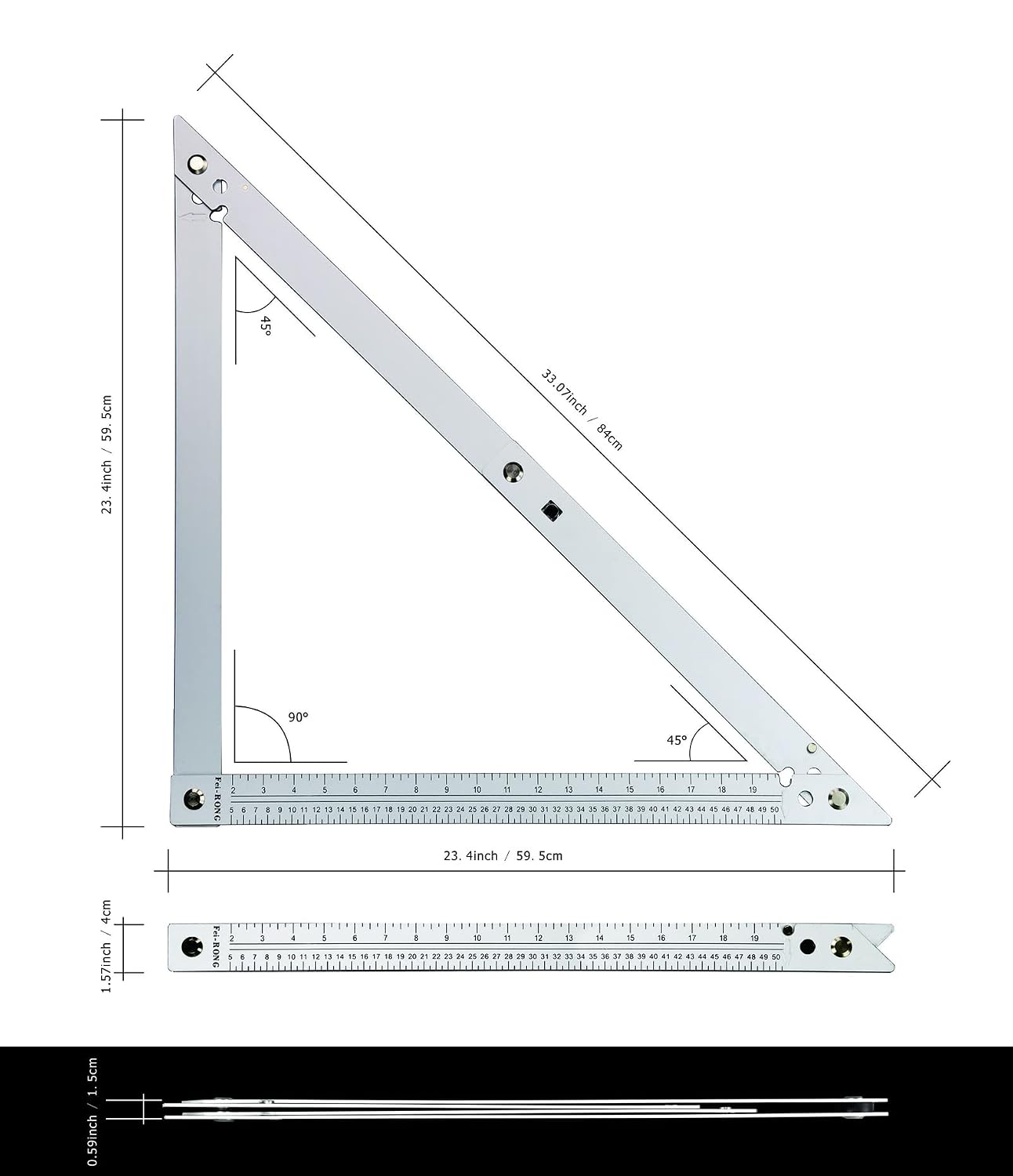 FEI-RONG 24 Folding Square - Aluminum & Carbon Steel Framing Square | 45-90 Degree Adjustable Angle Ruler for Roofing, Stair Work, Woodworking | Includes Carrying Case