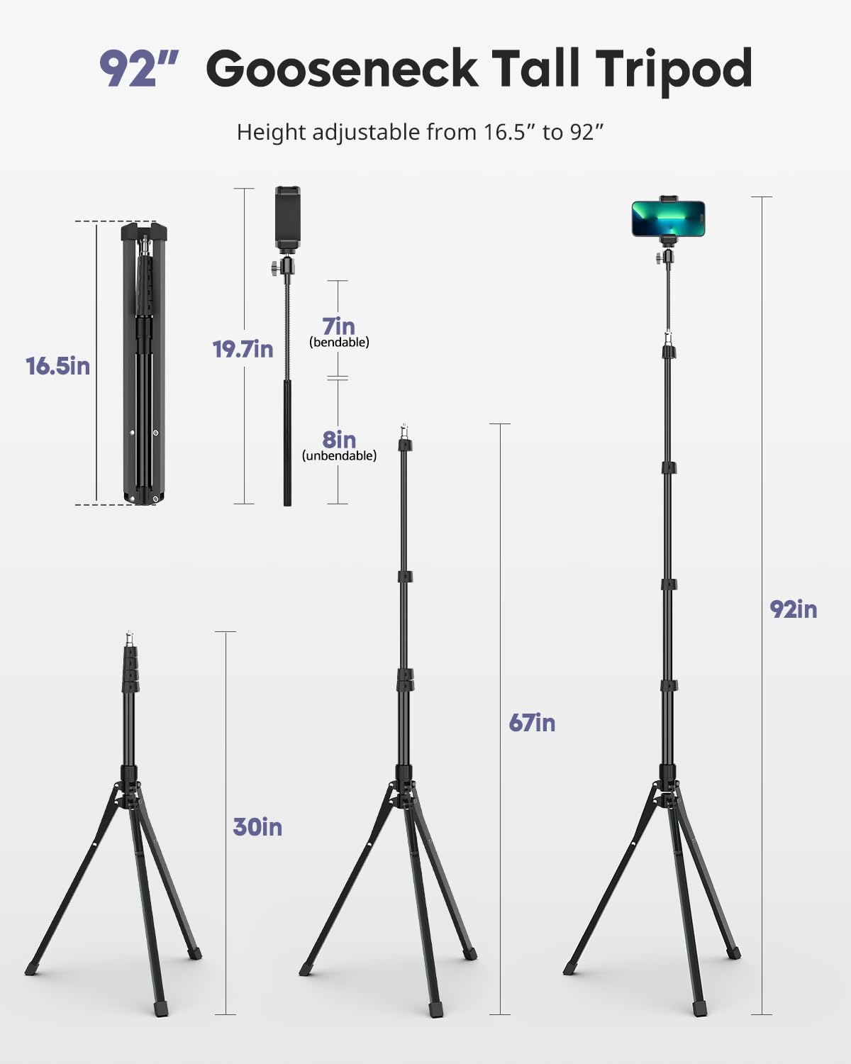 Aureday Phone Tripod, 92" Cell Phone Stand with 15" Gooseneck, Remote and Phone Holder, Overhead & Selfie Stick for Recording/Watching/Vlog, Compatible with iPhone Android