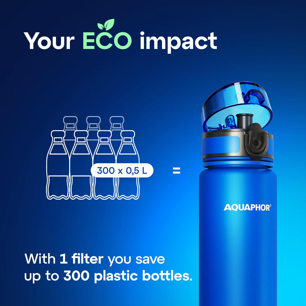 AQUAPHOR City Water Filter Bottle 17 oz | Reusable & Portable Filtered Water Bottle | BPA-Free | Perfect for Camping, Travel, Indoor & Outdoor Use | Blue