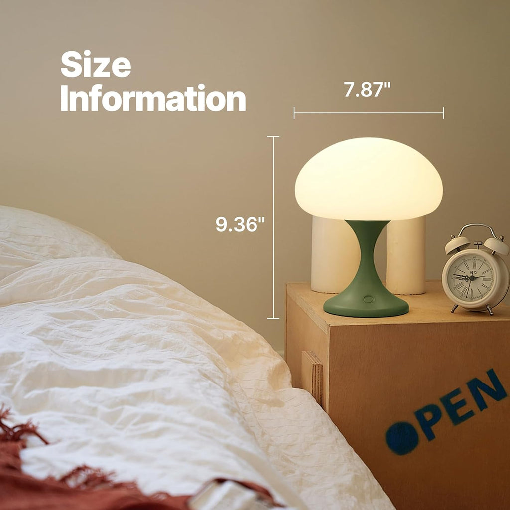 MAGCHARM Mushroom Lamp, 5W LED Cordless Rechargeable Table Lamp with Glass Shade, Small Retro Dimmable Touch Light with 3 Color Temps, Aesthetic Mid Century Bedside Light for Bedroom Ambient, Green