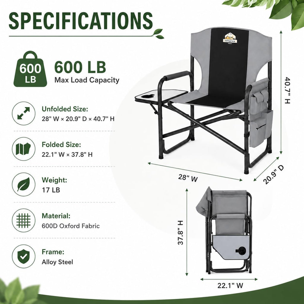 Colegence Oversized Camping Chair, 600-lb Capacity, Heavy-Duty Steel Frame