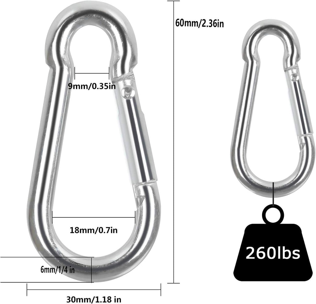 60Pcs Stainless Steel Carabiner Clip Spring Snap Hook 1/4 in, M6 2 3/8 Inch Small Heavy Duty Carabiner Clips for Hammock, Punching Bag, Swing, Gym, Galvanized