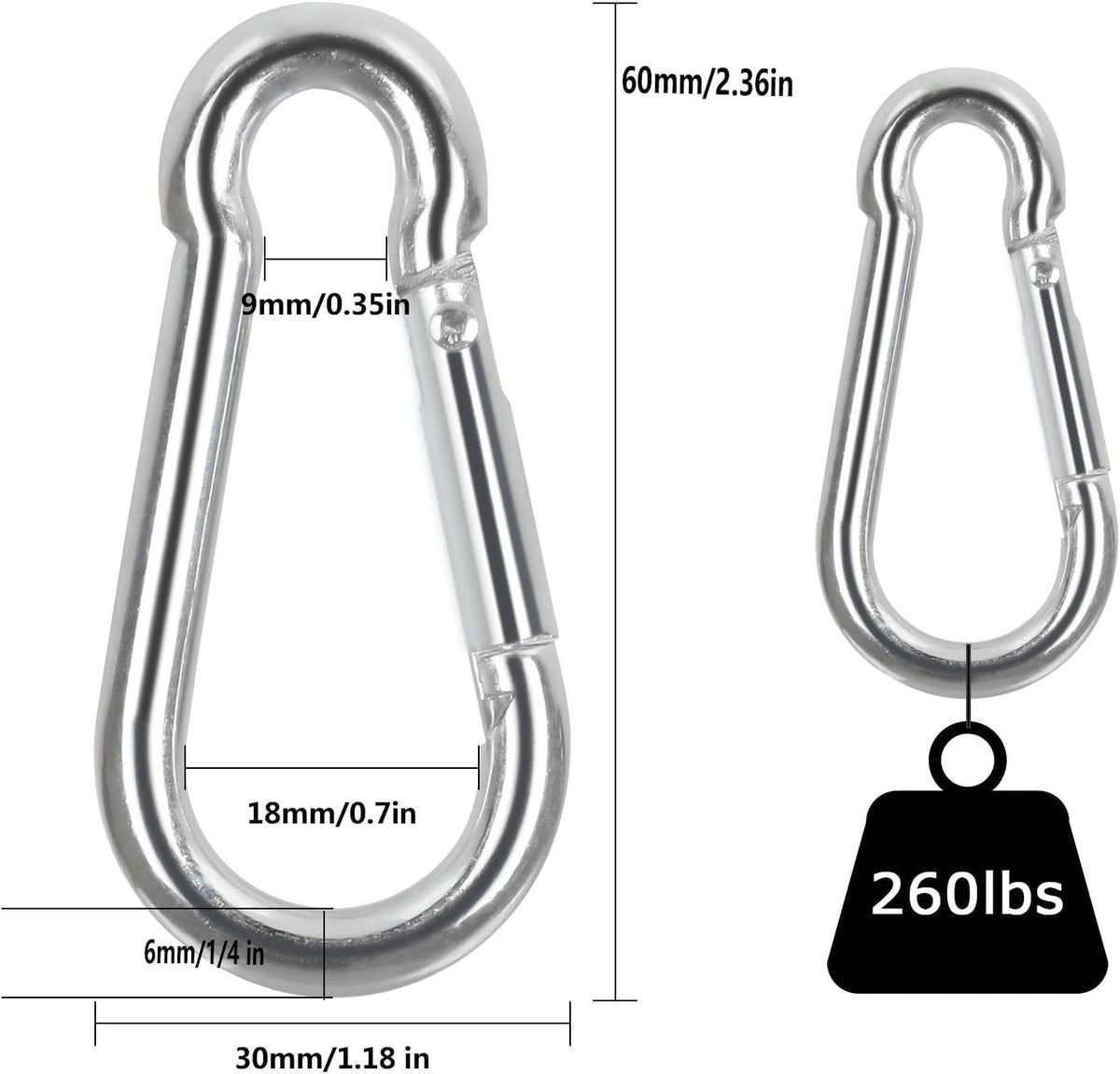 60Pcs Stainless Steel Carabiner Clip Spring Snap Hook 1/4 in, M6 2 3/8 Inch Small Heavy Duty Carabiner Clips for Hammock, Punching Bag, Swing, Gym, Galvanized