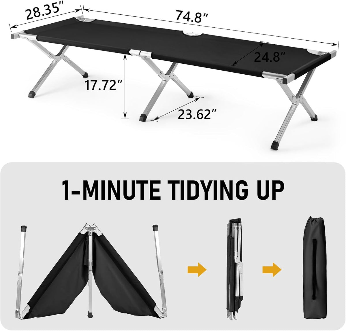 ComMax Portable Folding Camping Cot for Adults,Camp Bed,Lightweight Camping Bed with Carry Bag, Perfect for Hiking, Camping Trips & Indoor Use (Black)