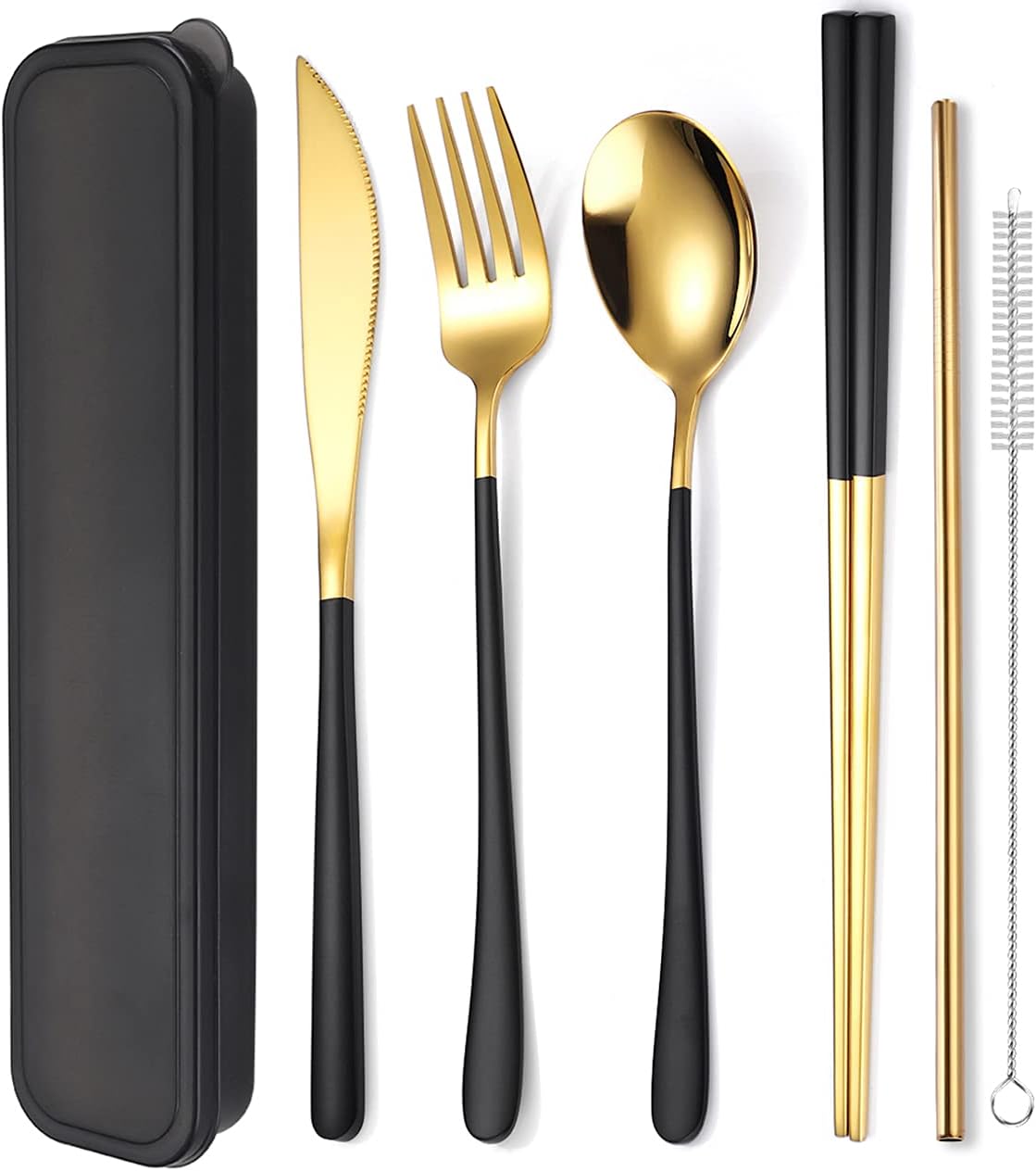 AARAINBOW 6 Pieces 18/8 Stainless Steel Flatware Set Portable Reusable Cutlery Set Travel Utensils Set Including Chopsticks Knife Fork Spoon Straws Cleaning Brush Dishwasher Safe (Green golden)