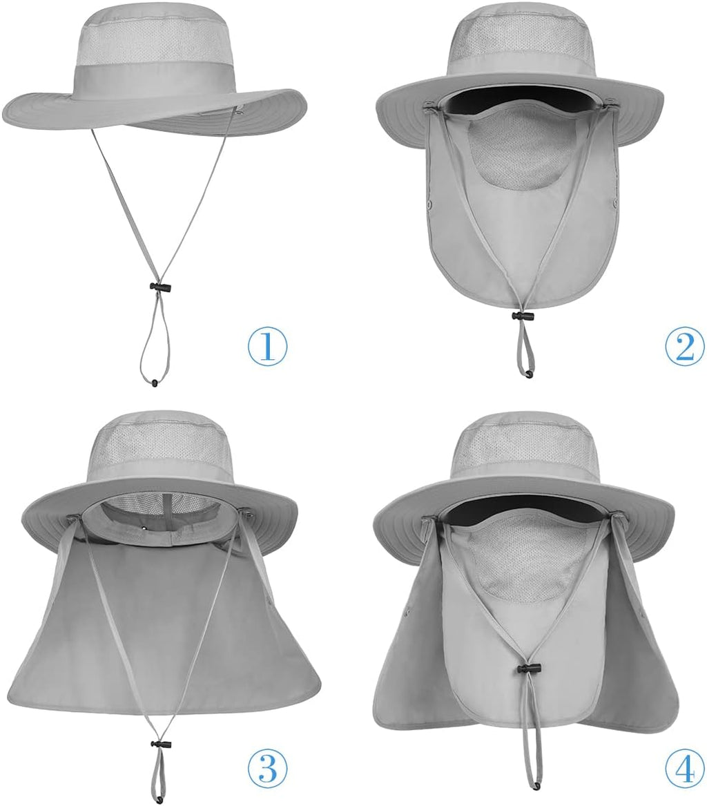 3 Pack Mens Outdoor Wide Brim Fishing Hat,UPF 50+ Sun Protection Cap with Face Neck Flap for Hiking & Garden