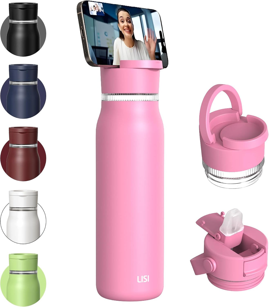 LISI 30oz Insulated Water Bottle, Double Wall Stainless Steel Water Bottles with Straw, 100% Leak-Proof Travel Thermal Canteen Mug with 2 Lids (Straw, Phone Holder Lid)