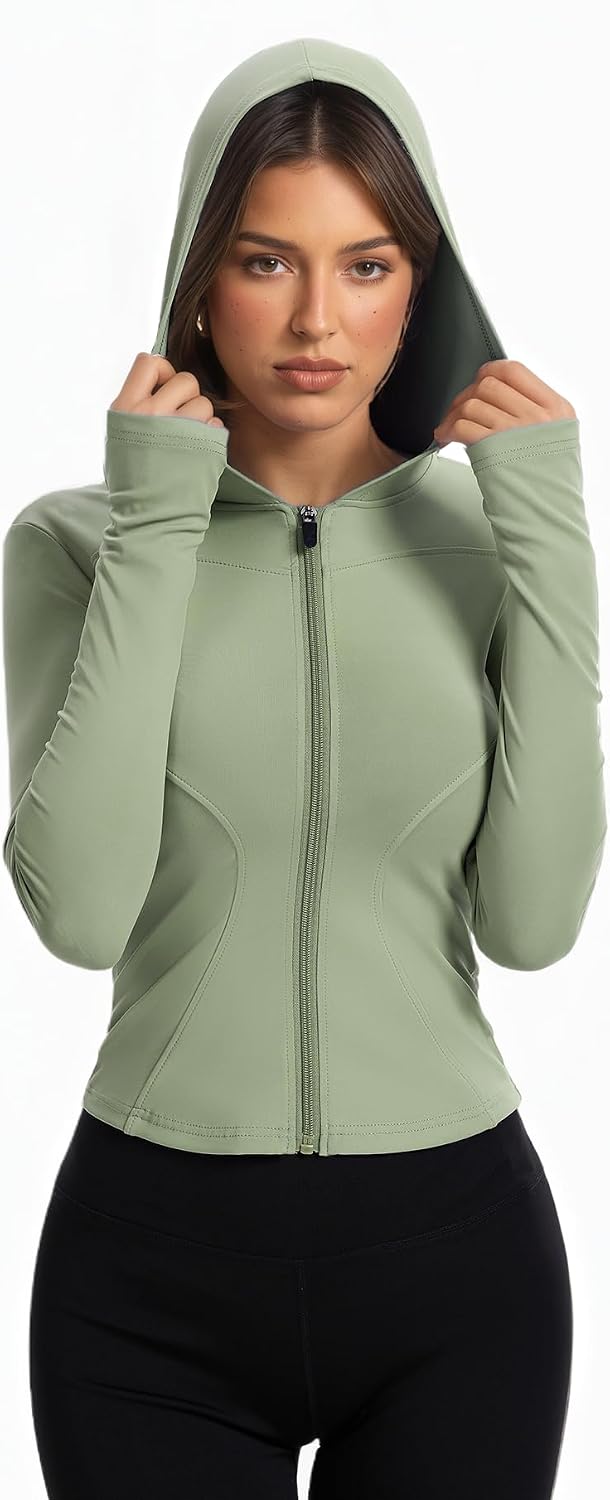 Women Bbl Jackets with Hood Compression Workout Tops Lined or Unlined Lightweight Yoga Gym Jacket with Thumb Hole