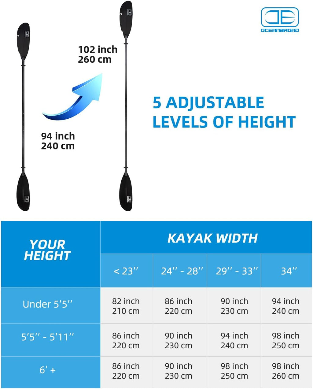 OCEANBROAD Adjustable Fishing Kayak Paddle - 94in/240cm-98in/250cm-102in/260cm Aluminum Alloy Shaft with Paddle Leash