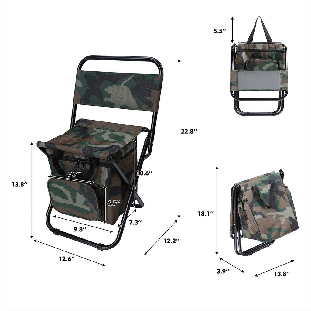 LEADALLWAY Fishing Chair with Cooler Bag Compact Fishing Stool Foldable Small Hunting Chair 12.2" Seat Depth,12.6" Seat Width
