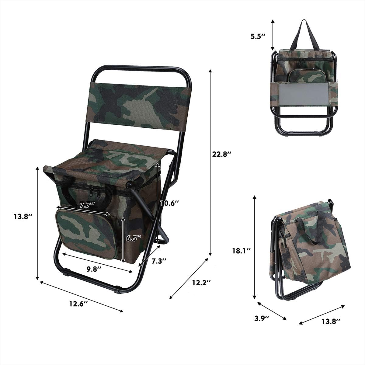 LEADALLWAY Fishing Chair with Cooler Bag Compact Fishing Stool Foldable Small Hunting Chair 12.2" Seat Depth,12.6" Seat Width