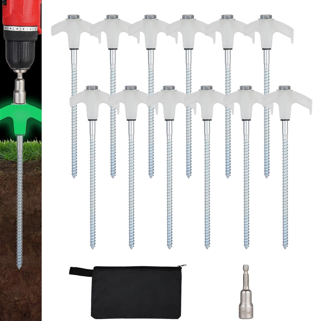 12 Pack Screw in Tent Stakes Heavy Duty,8 Inch Ground Anchors Screw in,Metal Stakes with Hex Head Driver,Camping Tent Accessories.(Luminous White)