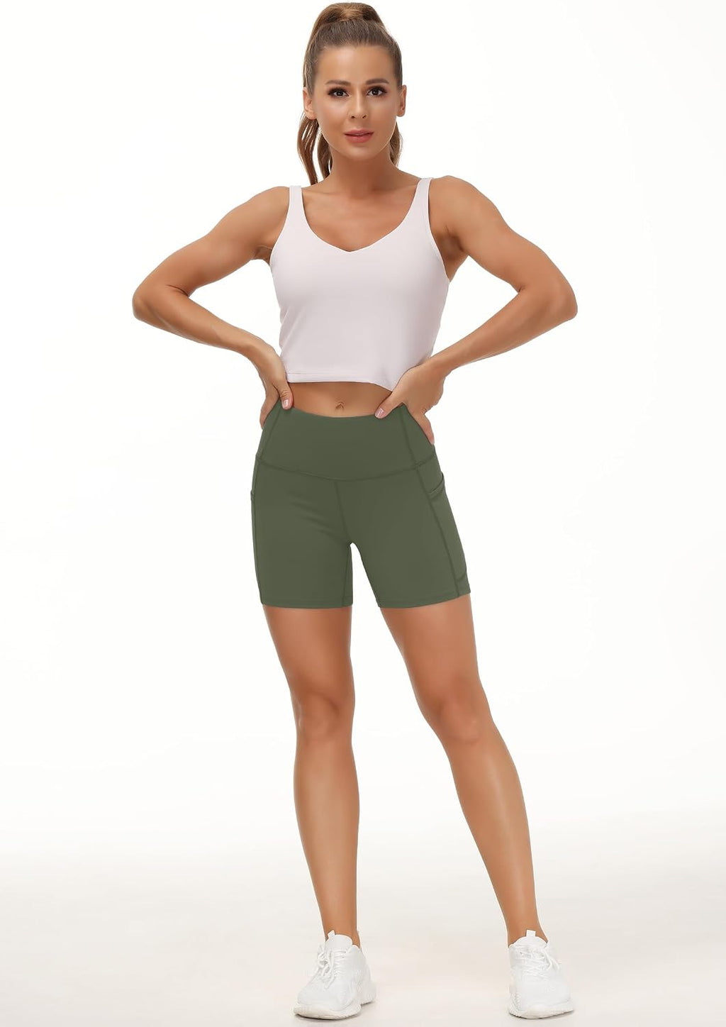 THE GYM PEOPLE High Waist Yoga Shorts for Women's Tummy Control Fitness Athletic Workout Running Shorts with Deep Pockets