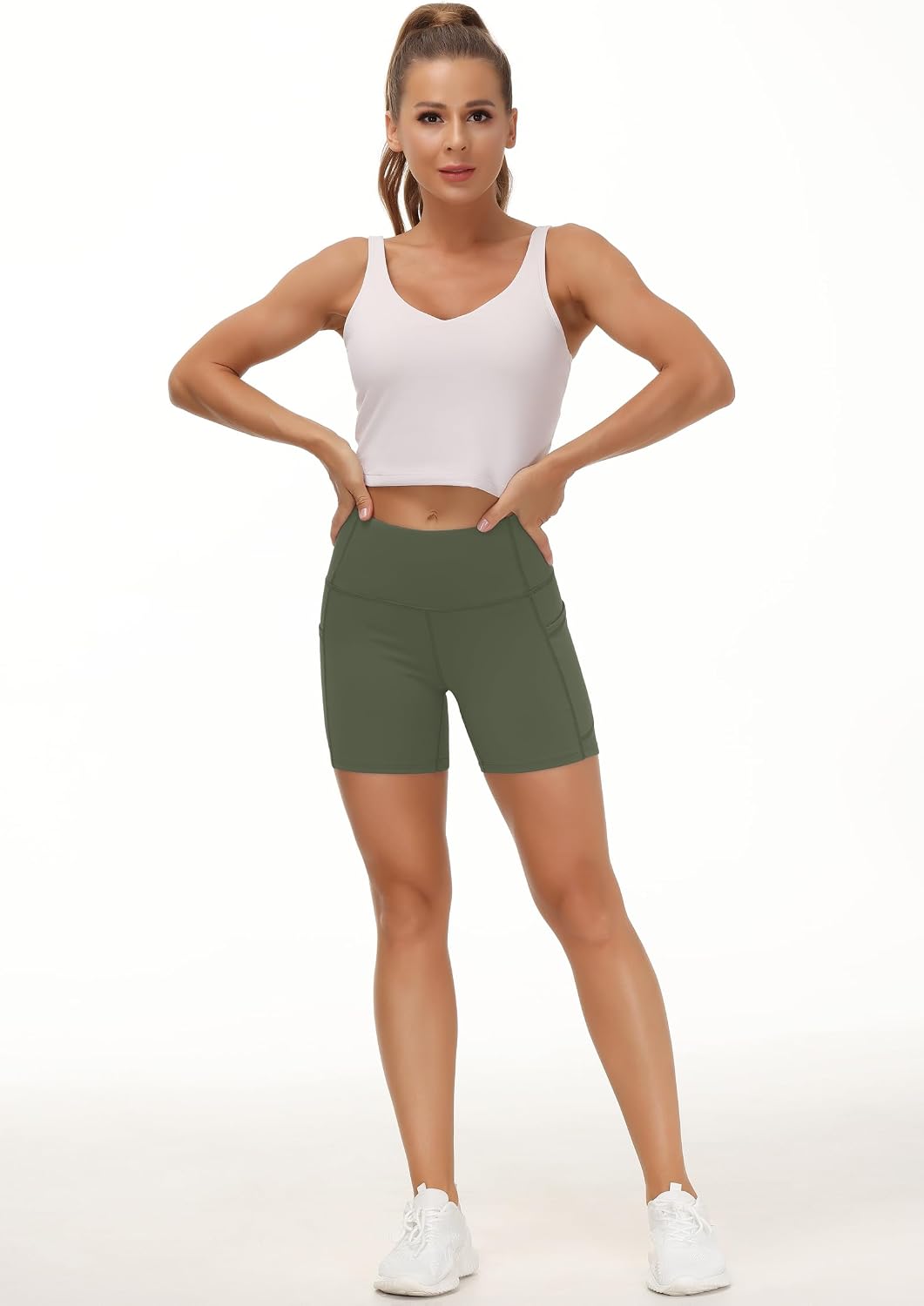 THE GYM PEOPLE High Waist Yoga Shorts for Women's Tummy Control Fitness Athletic Workout Running Shorts with Deep Pockets