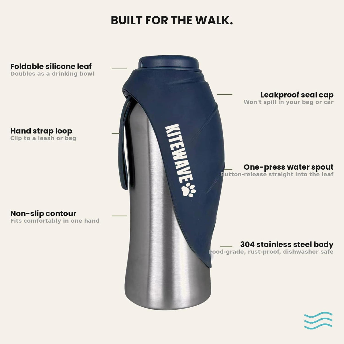 Kitewave Portable Dog Water Bottle, 27 oz Stainless Steel Pet Water Bottle with Flip-Up Leaf Bowl, Leakproof One-Press Dispenser for Walking, Hiking & Travel, BPA-Free, All Dog Breeds (Silver)
