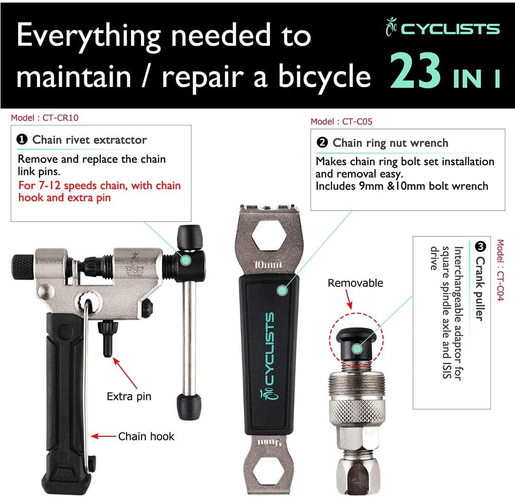 23 Piece Bike Tool Kit - Bicycle Repair Tool Box Compatible